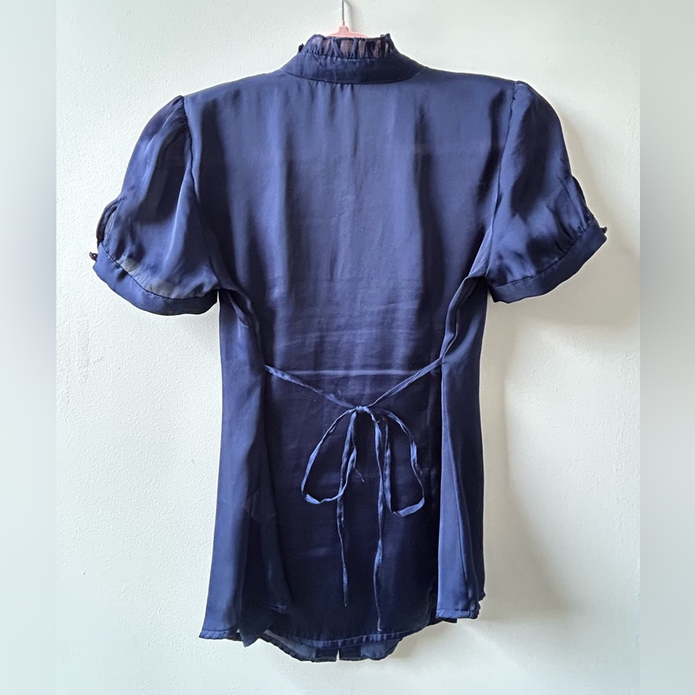 Smart Set Navy Satin Ruffle Button-Down Blouse - Picture 2 of 4